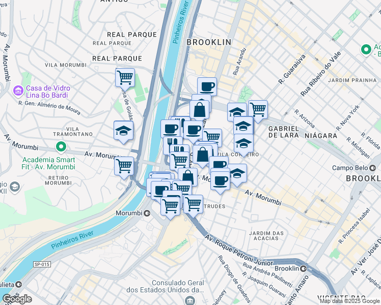 map of restaurants, bars, coffee shops, grocery stores, and more near 246 Avenida Doutor Chucri Zaidan in Sao Paulo