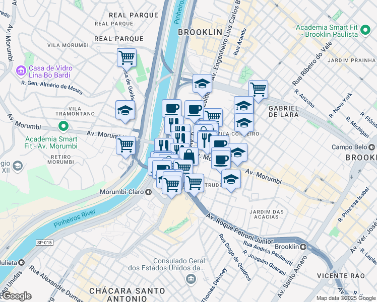map of restaurants, bars, coffee shops, grocery stores, and more near Avenida Morumbi in São Paulo