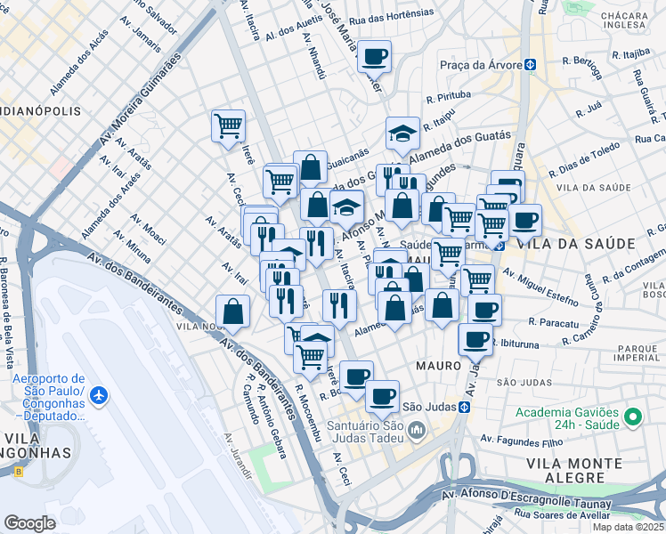 map of restaurants, bars, coffee shops, grocery stores, and more near 1932 Avenida Itacira in São Paulo