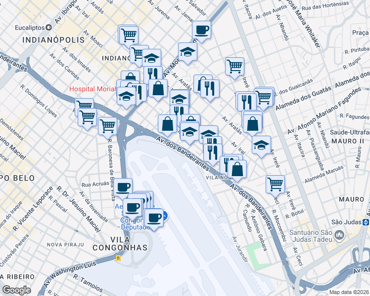 map of restaurants, bars, coffee shops, grocery stores, and more near 4507 Avenida dos Bandeirantes in São Paulo