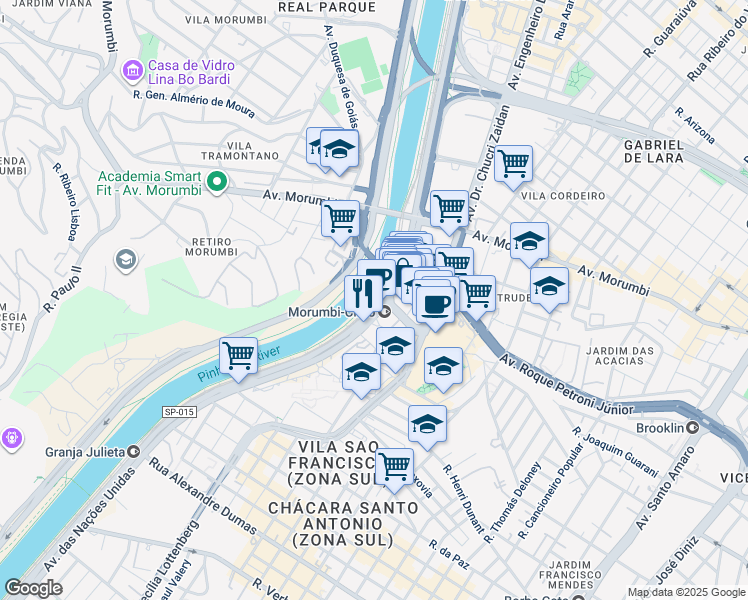 map of restaurants, bars, coffee shops, grocery stores, and more near Avenida das Nações Unidas in São Paulo