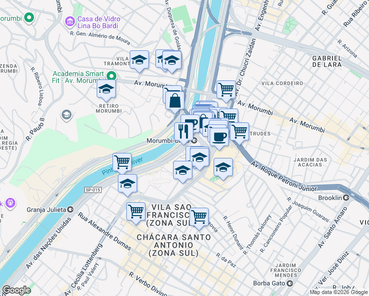 map of restaurants, bars, coffee shops, grocery stores, and more near 14171 Avenida das Nações Unidas in São Paulo