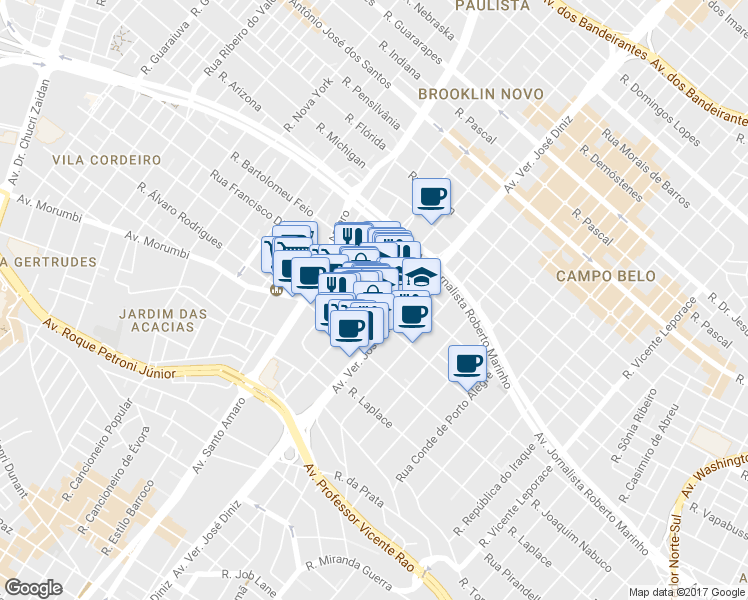 map of restaurants, bars, coffee shops, grocery stores, and more near 612 Rua Barão do Triunfo in São Paulo