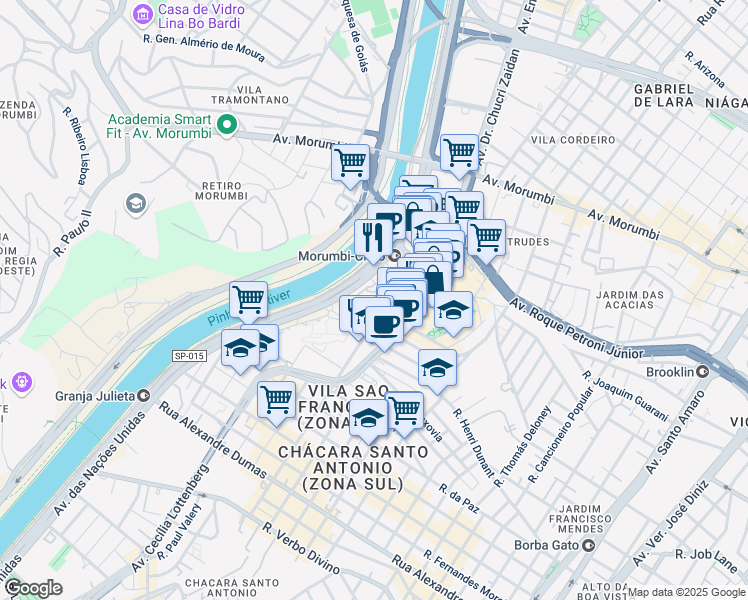 map of restaurants, bars, coffee shops, grocery stores, and more near 14261 Avenida das Nações Unidas in São Paulo
