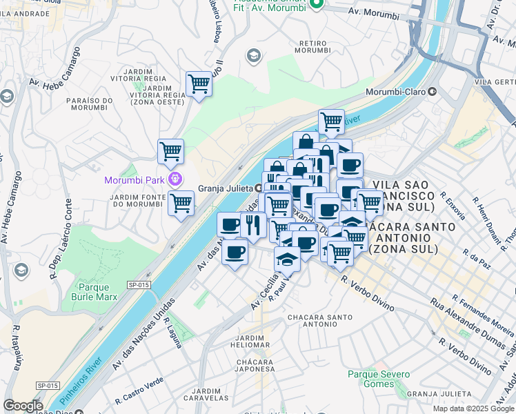 map of restaurants, bars, coffee shops, grocery stores, and more near 15187 Avenida das Nações Unidas in São Paulo