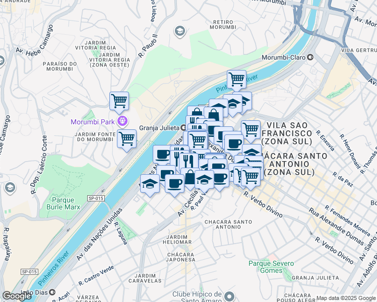 map of restaurants, bars, coffee shops, grocery stores, and more near 15187 Avenida das Nações Unidas in São Paulo
