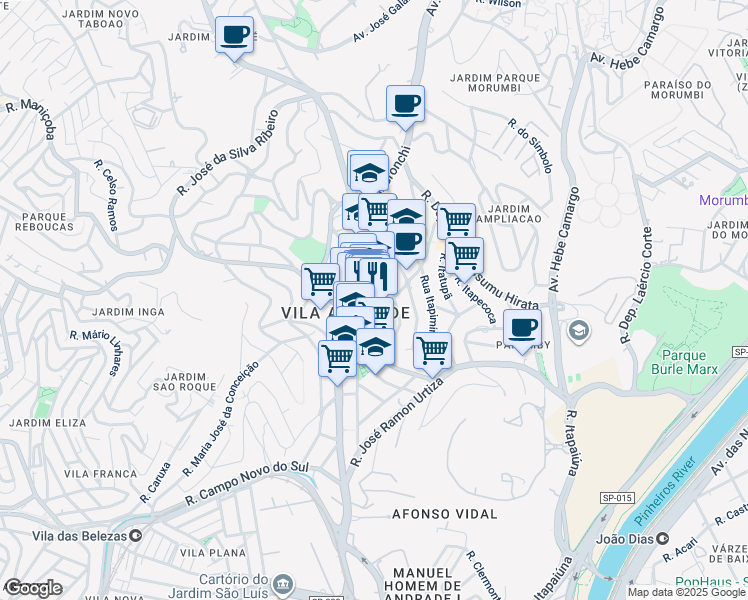 map of restaurants, bars, coffee shops, grocery stores, and more near 61 Rua Itacaiúna in São Paulo