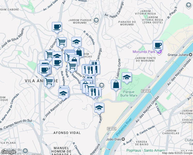 map of restaurants, bars, coffee shops, grocery stores, and more near 1165 Rua Itapaiúna in São Paulo