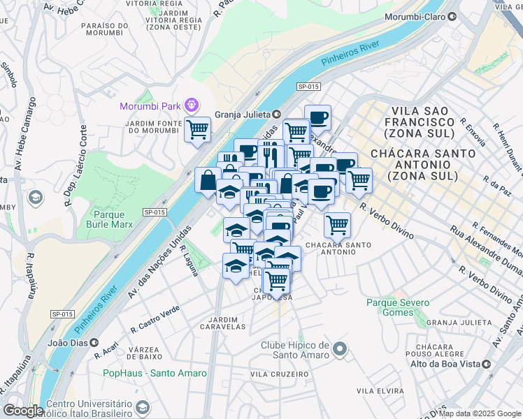 map of restaurants, bars, coffee shops, grocery stores, and more near 145 Avenida Alfredo Egídio de Souza Aranha in São Paulo