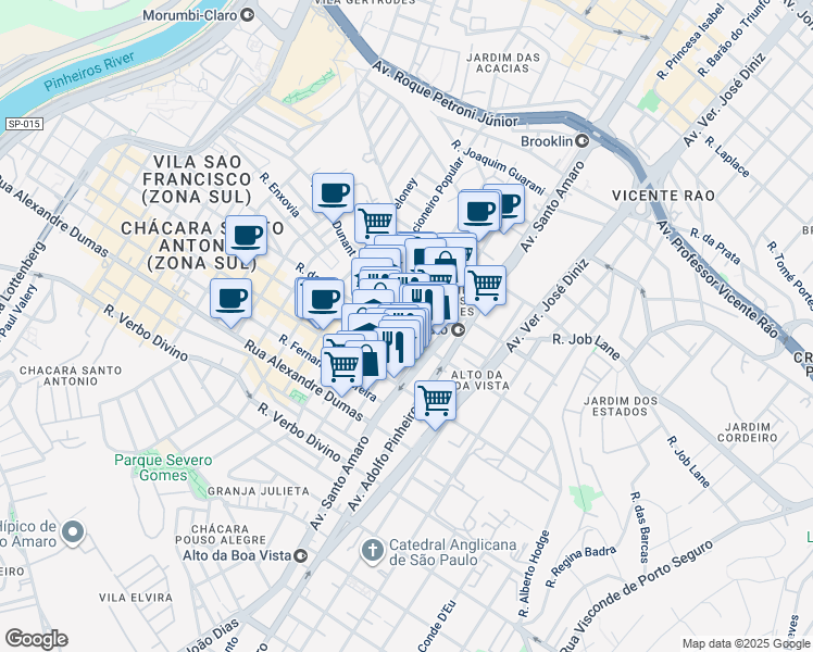 map of restaurants, bars, coffee shops, grocery stores, and more near 90 Rua Henri Dunant in São Paulo