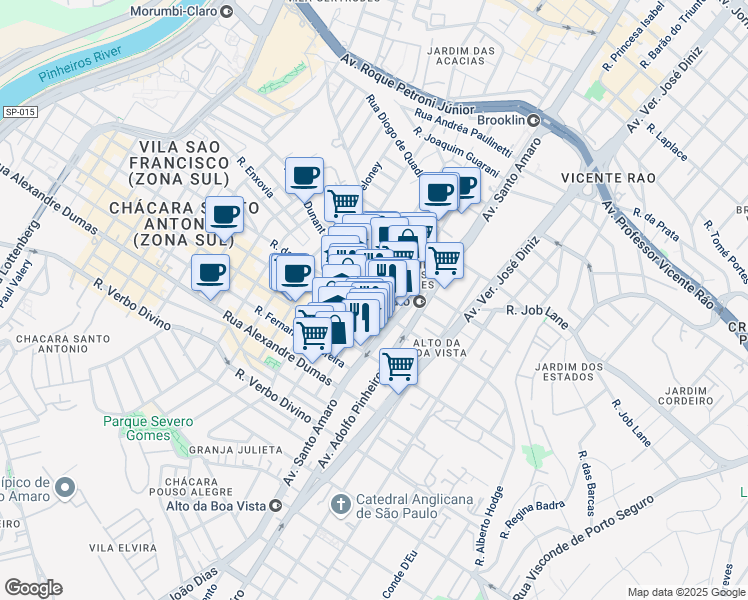 map of restaurants, bars, coffee shops, grocery stores, and more near 90 Rua Henri Dunant in São Paulo