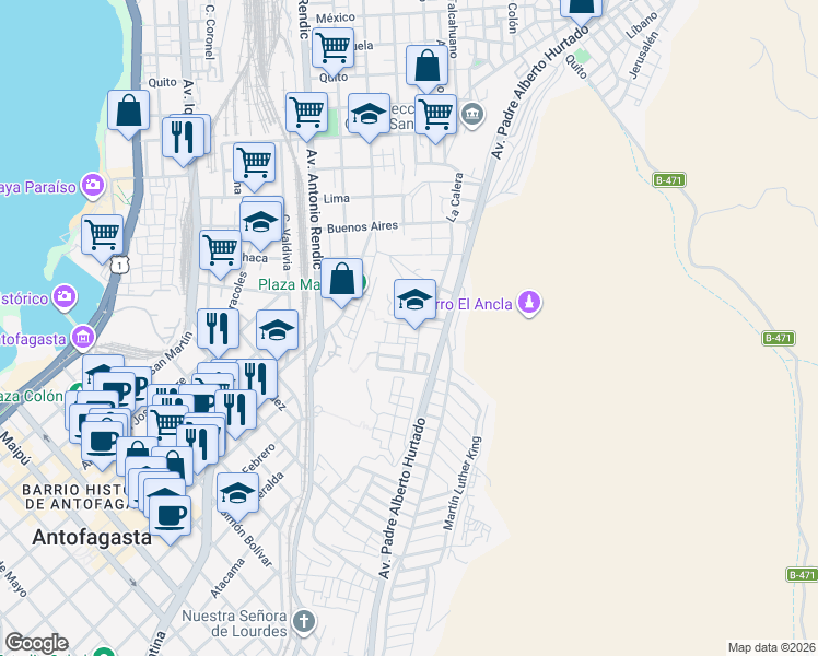 map of restaurants, bars, coffee shops, grocery stores, and more near in Antofagasta