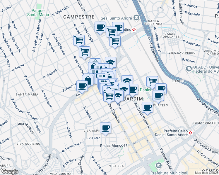 map of restaurants, bars, coffee shops, grocery stores, and more near 520 Rua das Paineiras in Santo André
