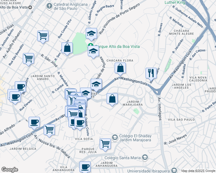 map of restaurants, bars, coffee shops, grocery stores, and more near 1990 Avenida Washington Luís in São Paulo