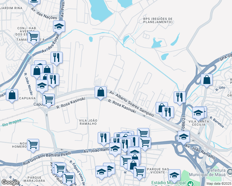 map of restaurants, bars, coffee shops, grocery stores, and more near 1764 Avenida Alberto Soares Sampaio in Mauá