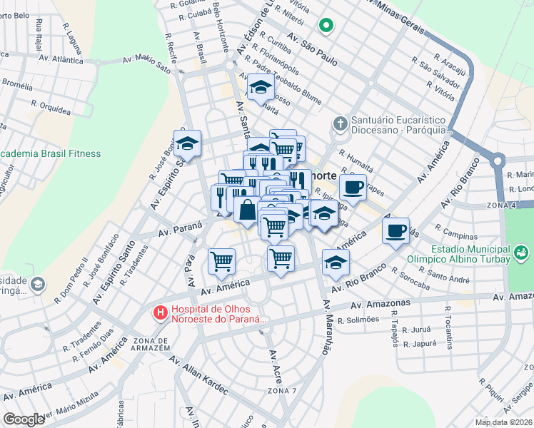 map of restaurants, bars, coffee shops, grocery stores, and more near 691 Rua Álvares Cabral in Cianorte