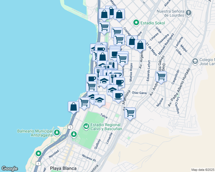 map of restaurants, bars, coffee shops, grocery stores, and more near 1280 Avenida General Bernardo O'Higgins in Antofagasta
