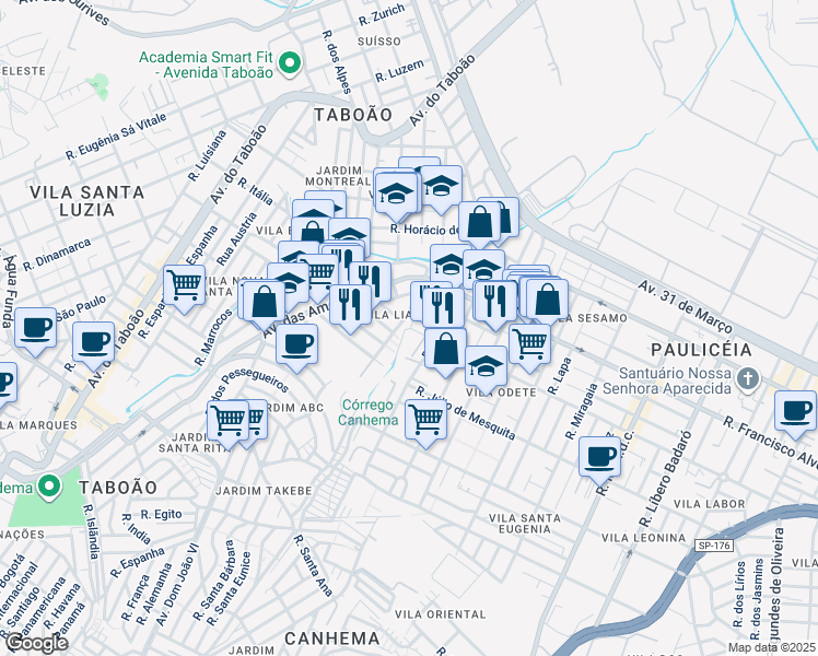 map of restaurants, bars, coffee shops, grocery stores, and more near in Diadema