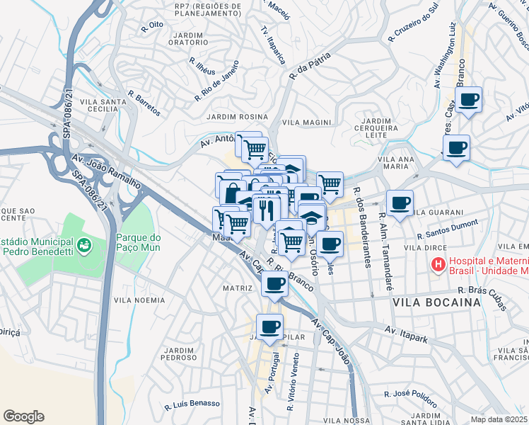 map of restaurants, bars, coffee shops, grocery stores, and more near in Mauá