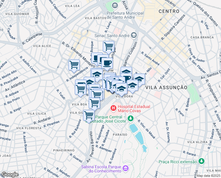 map of restaurants, bars, coffee shops, grocery stores, and more near 42 Avenida Pereira Barreto in Santo André