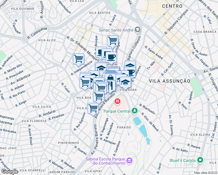 map of restaurants, bars, coffee shops, grocery stores, and more near 42 Avenida Pereira Barreto in Santo André