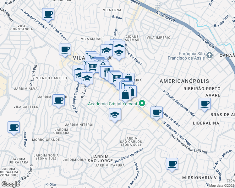 map of restaurants, bars, coffee shops, grocery stores, and more near 310 Rua do Matão in São Paulo