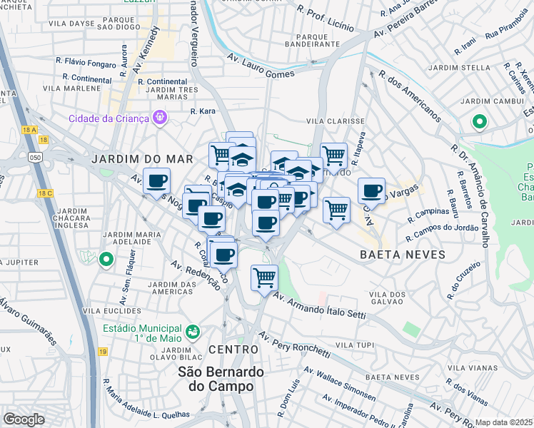 map of restaurants, bars, coffee shops, grocery stores, and more near 200 Praça Samuel Sabatini in São Bernardo do Campo