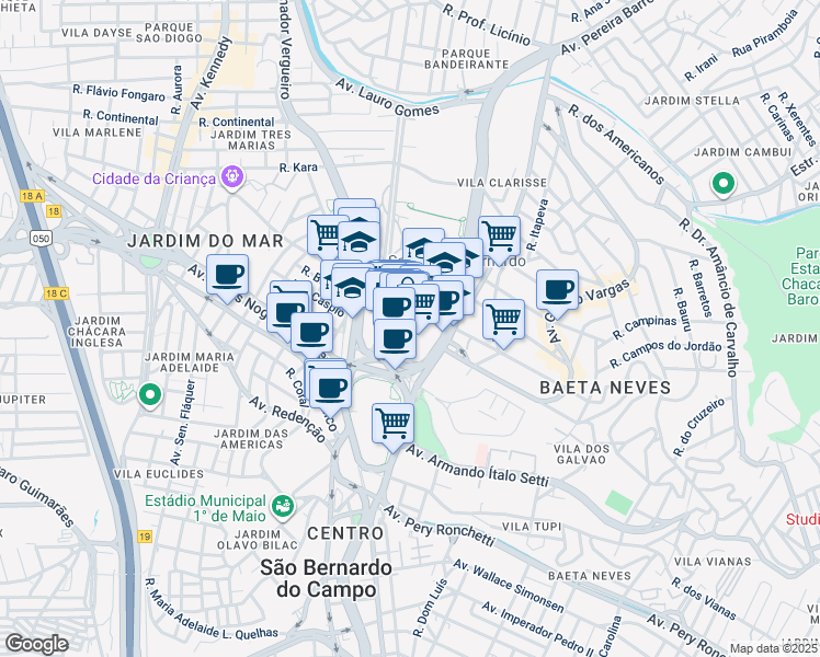 map of restaurants, bars, coffee shops, grocery stores, and more near 200 Praça Samuel Sabatini in São Bernardo do Campo