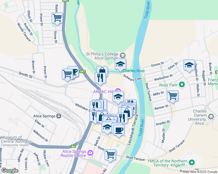 map of restaurants, bars, coffee shops, grocery stores, and more near Anzac Hill Road in Alice Springs