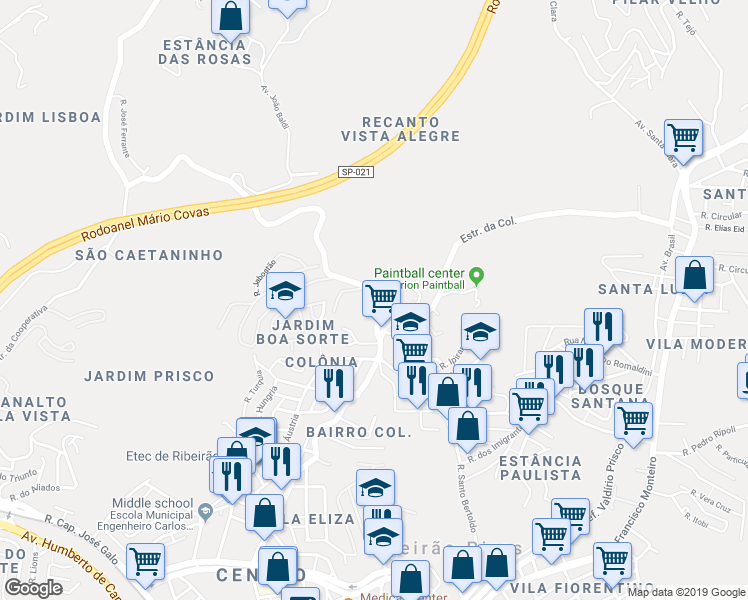 map of restaurants, bars, coffee shops, grocery stores, and more near Avenida Orlando Greco in Ribeirão Pires