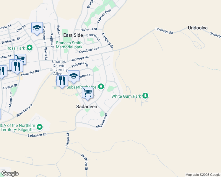 map of restaurants, bars, coffee shops, grocery stores, and more near 20 Rieff Court in Sadadeen