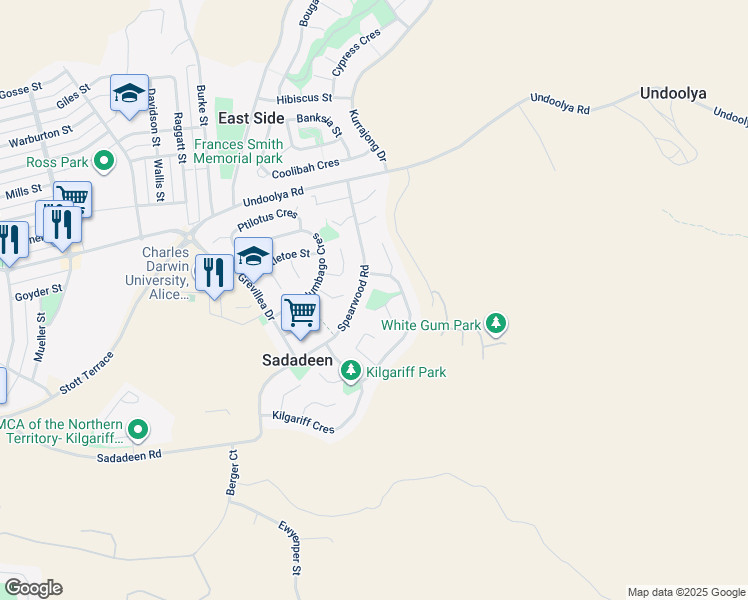 map of restaurants, bars, coffee shops, grocery stores, and more near 20 Rieff Court in Sadadeen