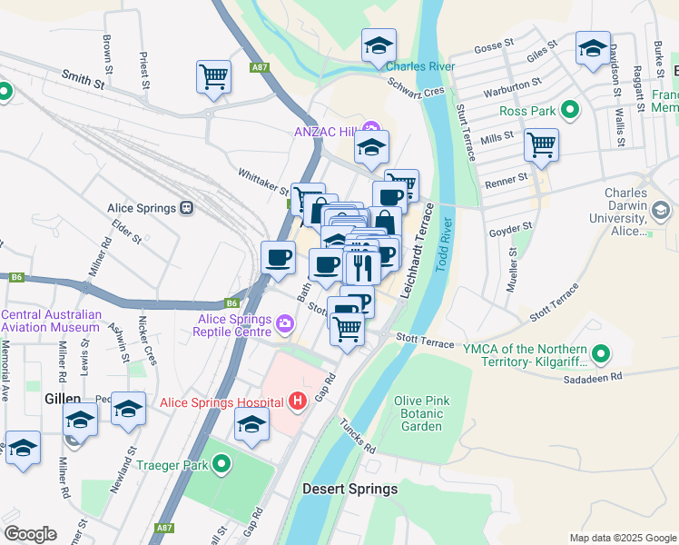 map of restaurants, bars, coffee shops, grocery stores, and more near 12 Gregory Terrace in Alice Springs