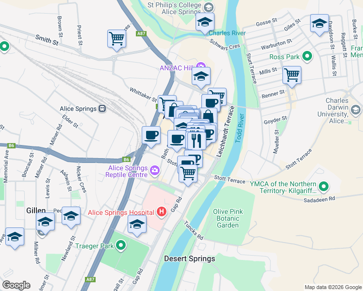 map of restaurants, bars, coffee shops, grocery stores, and more near 12 Gregory Terrace in Alice Springs
