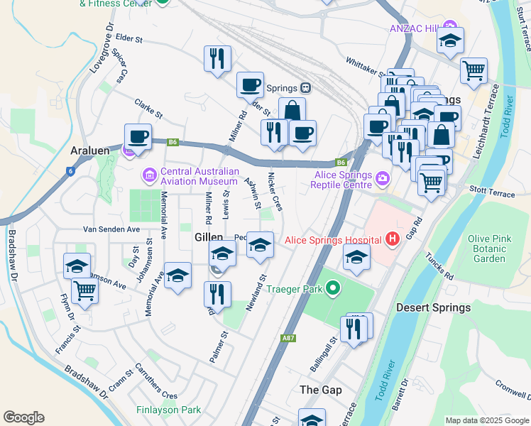 map of restaurants, bars, coffee shops, grocery stores, and more near 29 Ashwin Street in Gillen
