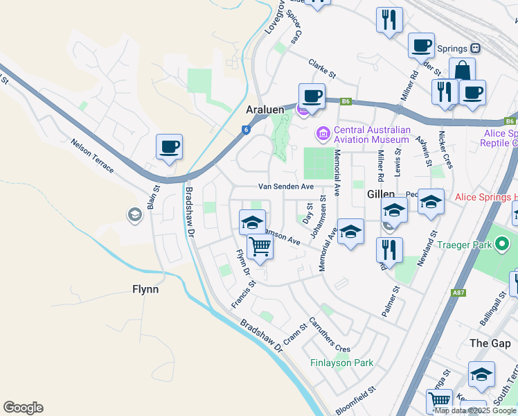 map of restaurants, bars, coffee shops, grocery stores, and more near 12 Spencer Street in Gillen