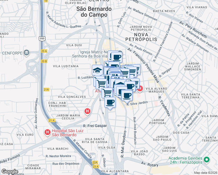 map of restaurants, bars, coffee shops, grocery stores, and more near 95 Rua Tenente Salles in São Bernardo do Campo