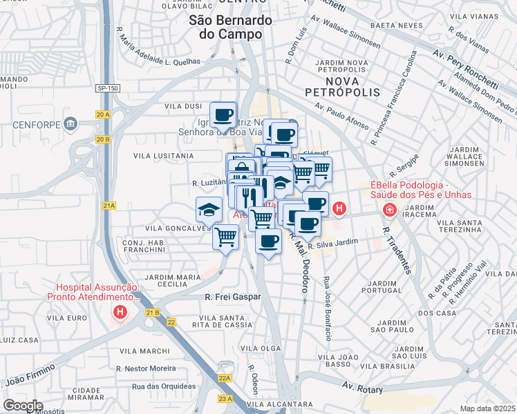 map of restaurants, bars, coffee shops, grocery stores, and more near 95 Rua Tenente Salles in São Bernardo do Campo