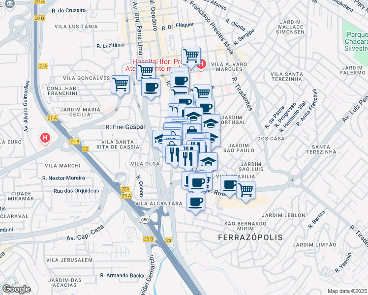 map of restaurants, bars, coffee shops, grocery stores, and more near Rua Armando Sales de Oliveira in São Bernardo do Campo