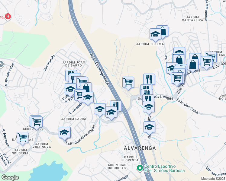 map of restaurants, bars, coffee shops, grocery stores, and more near Estrada dos Imigrantes in São Bernardo do Campo