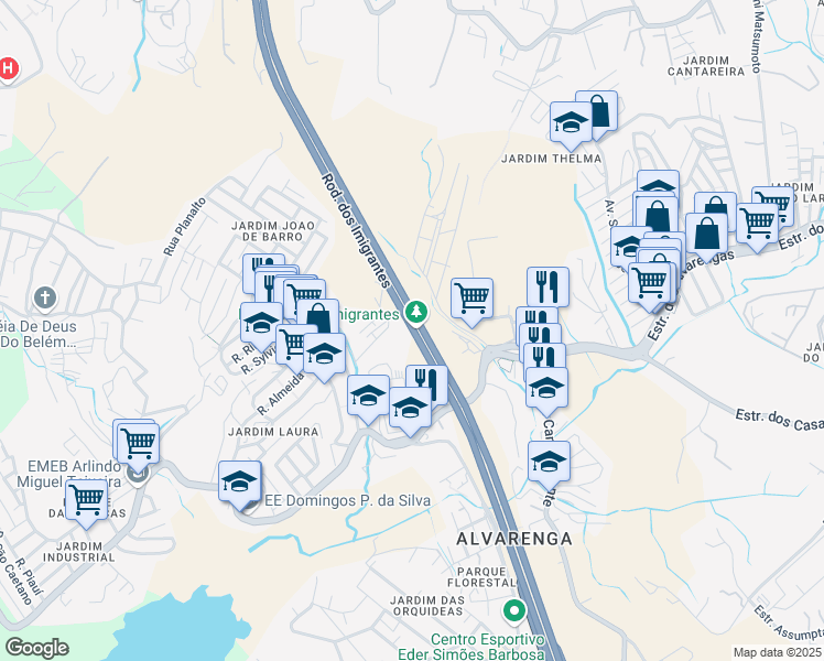 map of restaurants, bars, coffee shops, grocery stores, and more near Estrada dos Imigrantes in São Bernardo do Campo