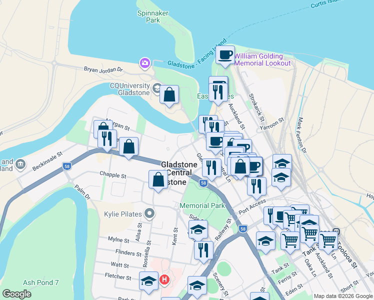 map of restaurants, bars, coffee shops, grocery stores, and more near 45 Lord Street in Gladstone Central