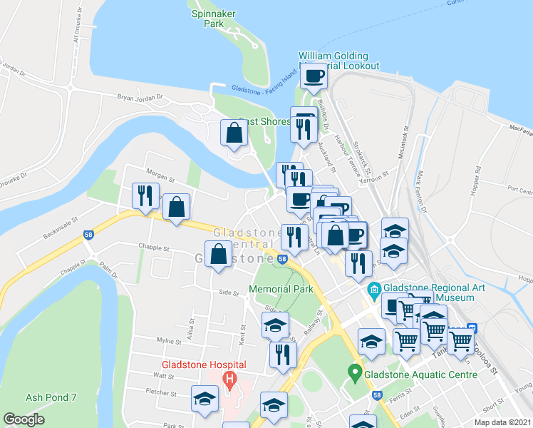 map of restaurants, bars, coffee shops, grocery stores, and more near 5 Glenlyon Street in Gladstone