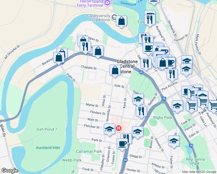 map of restaurants, bars, coffee shops, grocery stores, and more near 3 Murray Street in Gladstone