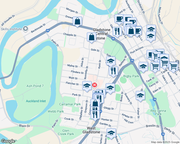 map of restaurants, bars, coffee shops, grocery stores, and more near 26 Flinders Street in Gladstone