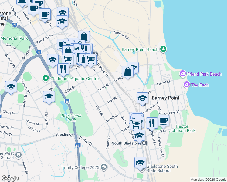 map of restaurants, bars, coffee shops, grocery stores, and more near 55 Toolooa Street in South Gladstone
