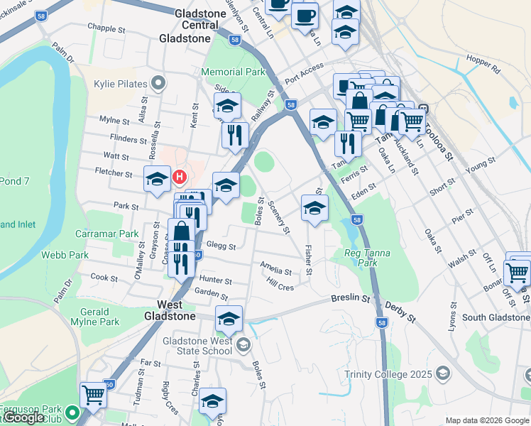 map of restaurants, bars, coffee shops, grocery stores, and more near 6 Boles Street in West Gladstone