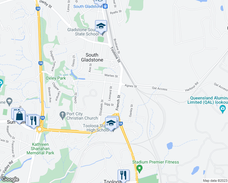 map of restaurants, bars, coffee shops, grocery stores, and more near 3 Hughes Street in South Gladstone