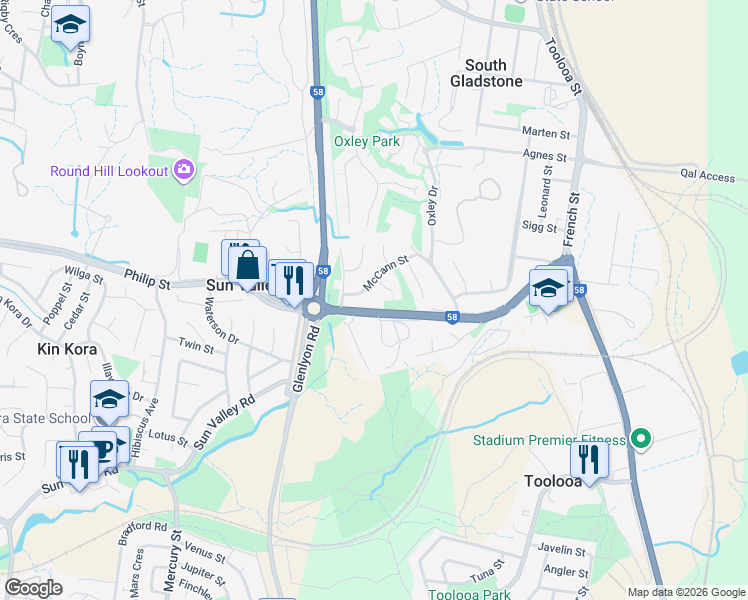 map of restaurants, bars, coffee shops, grocery stores, and more near 16 McCann Road in South Gladstone