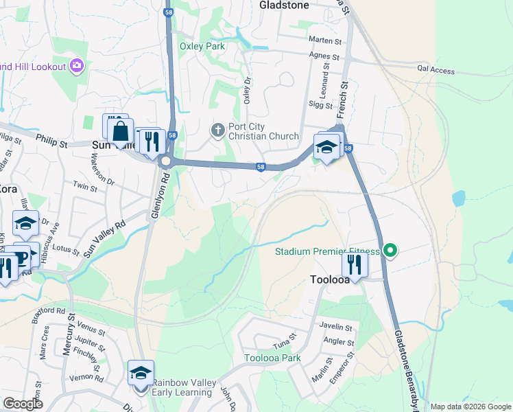 map of restaurants, bars, coffee shops, grocery stores, and more near 2 Philip Street in South Gladstone